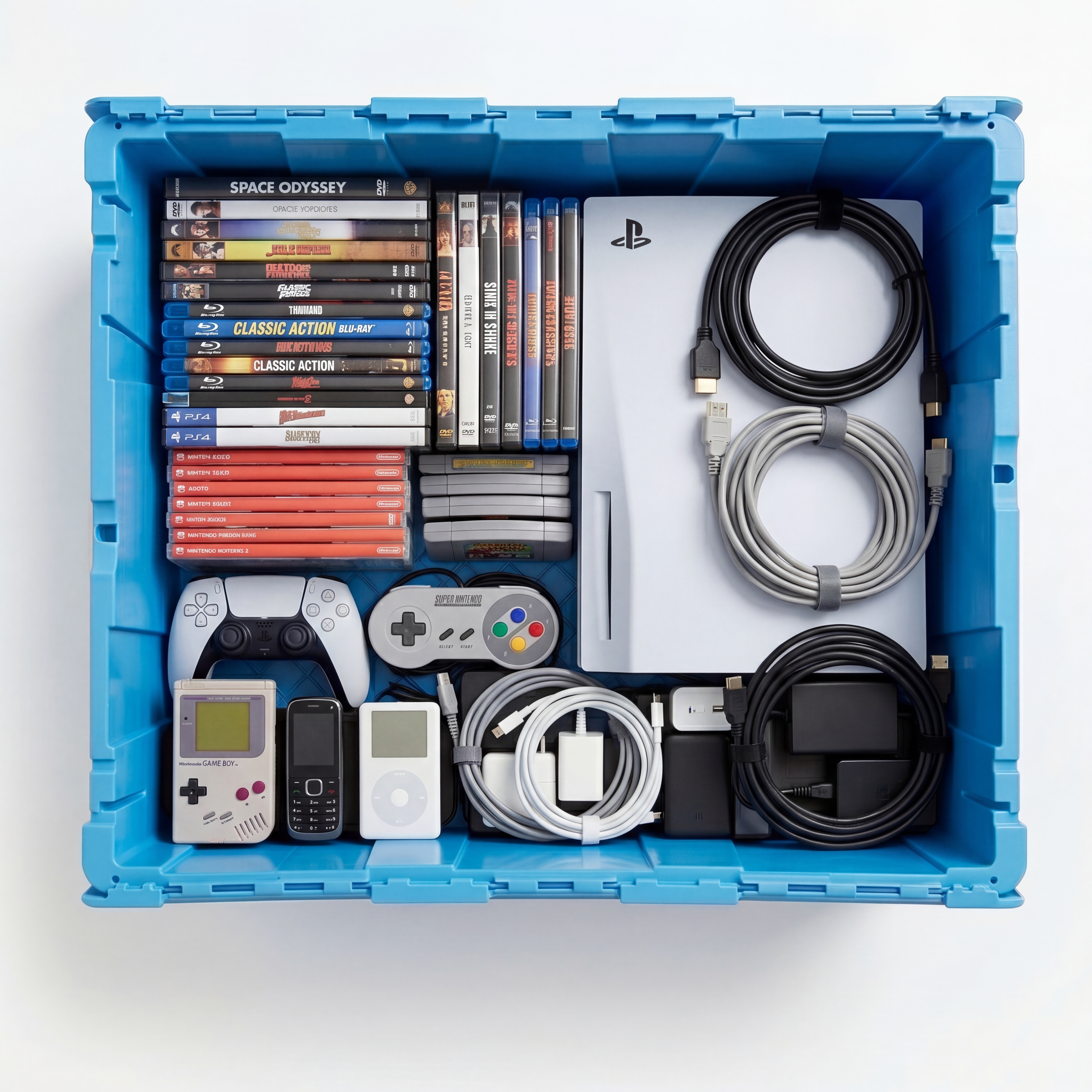Technology items stored in a Fort Lox box